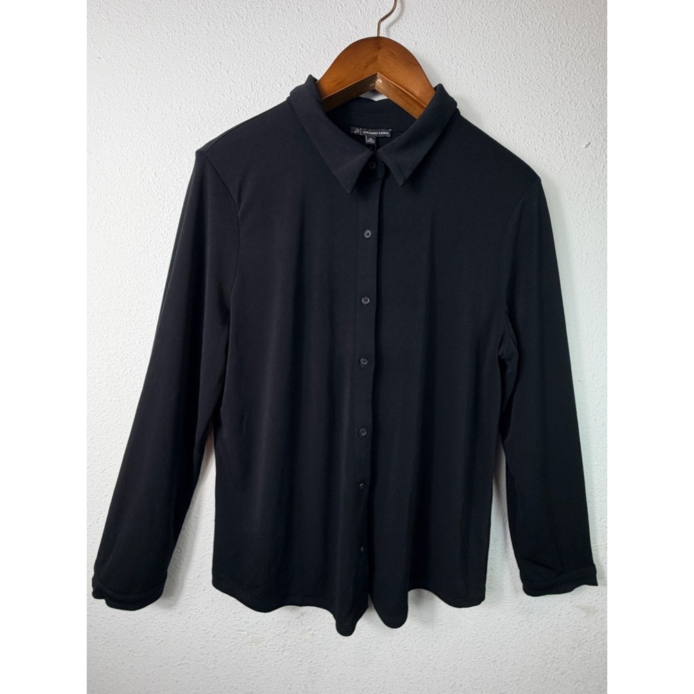 NWT Adrianna Papell Womens Button Up Knit Blouse Black XL Academia  Long Sleeve